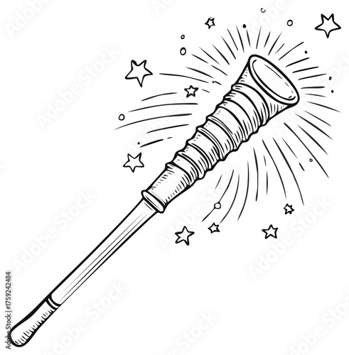 Magic wand casting a spell with sparkling stars and light rays doodle illustration