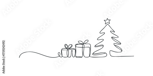 One Line Drawing of Christmas Tree with Gift Boxes and Star
