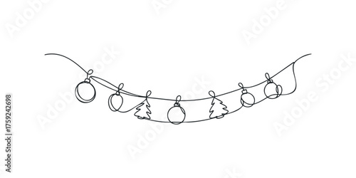 Continuous line drawing of festive Christmas garland with ornaments and trees