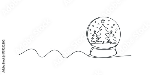 Continuous line drawing of a Christmas snow globe with trees and stars