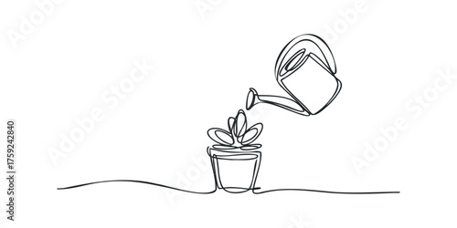 Plant being watered by a watering can in minimalist line drawing