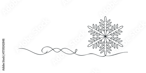 Minimalist continuous line drawing of a snowflake with flowing curves