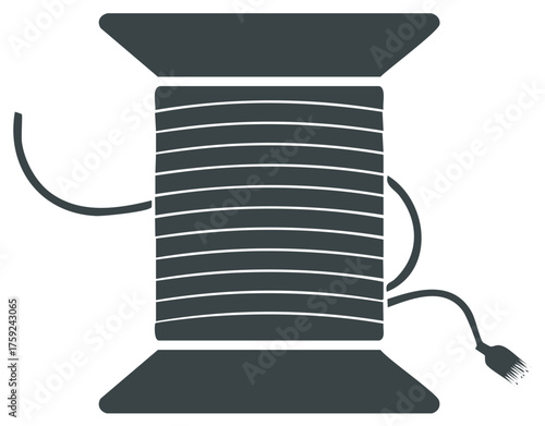 Dark gray spool of thread with a starting end and a frayed end of thread on a white background