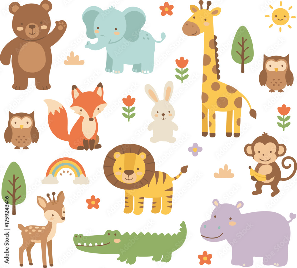 Obraz premium A cute set of cartoon animal vector illustrations featuring a dog, cat, lion, bear, elephant, and giraffe in a zoo collection