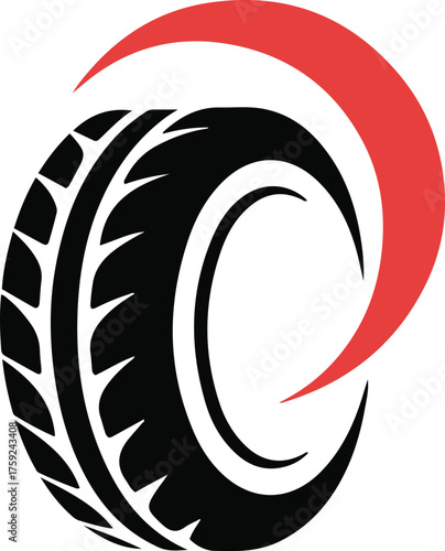 A black tire with red crescent shape isolated on white background, automotive industry