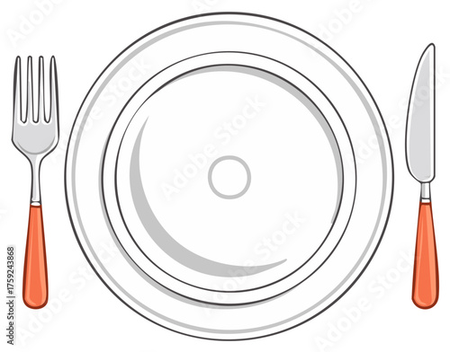 Dinner setting featuring white plate, fork, and knife, cartoon vector illustration of food preparation with cooking utensils and dishware