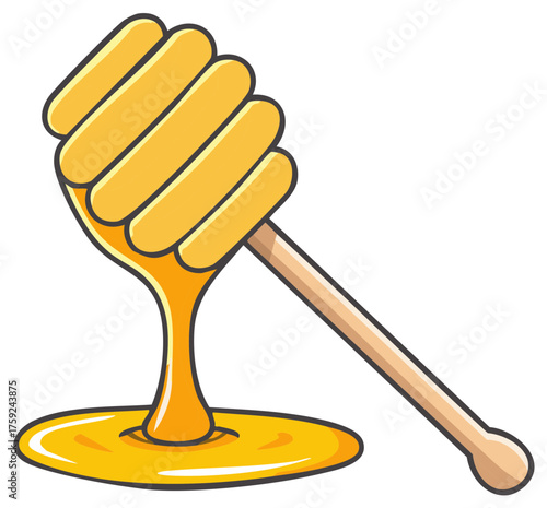 Cartoon honey dipper with dripping honey illustration for food and healthy product concepts