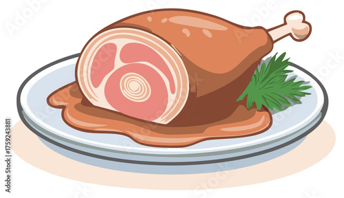 Illustration of a roasted ham hock served on a plate with gravy and garnish