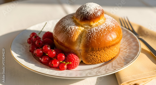 Delicious  brioche bun with red berries on a beautiful plate and a sunny morning