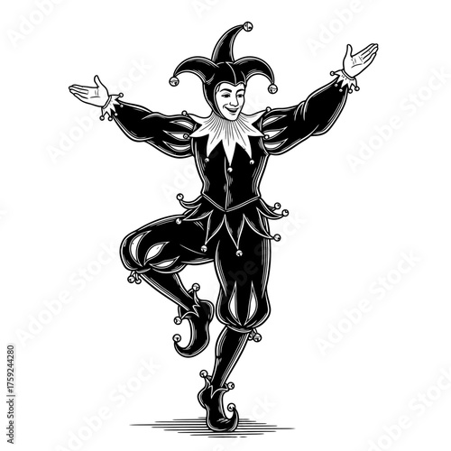 Dancing Medieval Jester in Black and White Engraving Style, A Classic Performance