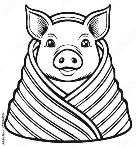 A cute happy piglet wrapped in a cozy striped blanket black and white line art illustration