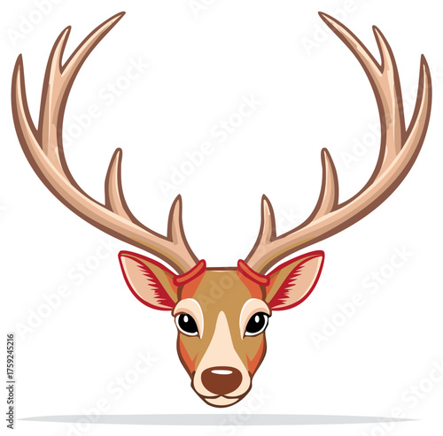 Cartoon illustration featuring a majestic deer head with large antlers, ears, and expressive eyes on a white background, in vector graphics