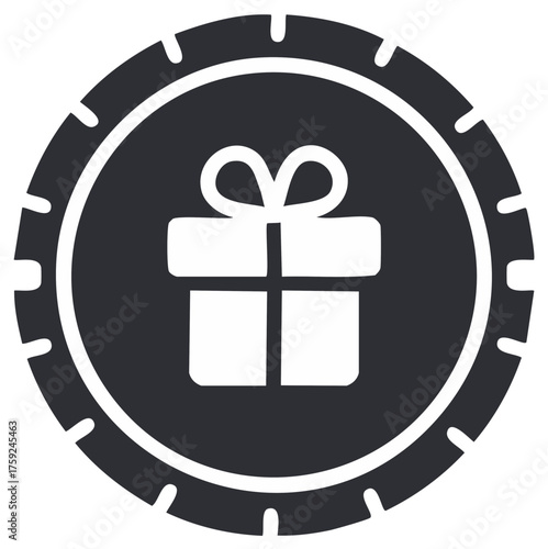 Gift icon inside a circular badge with serrated edge represents reward or bonus