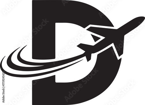 Letter d logo with airplane isolated on white background for travel and aviation industry