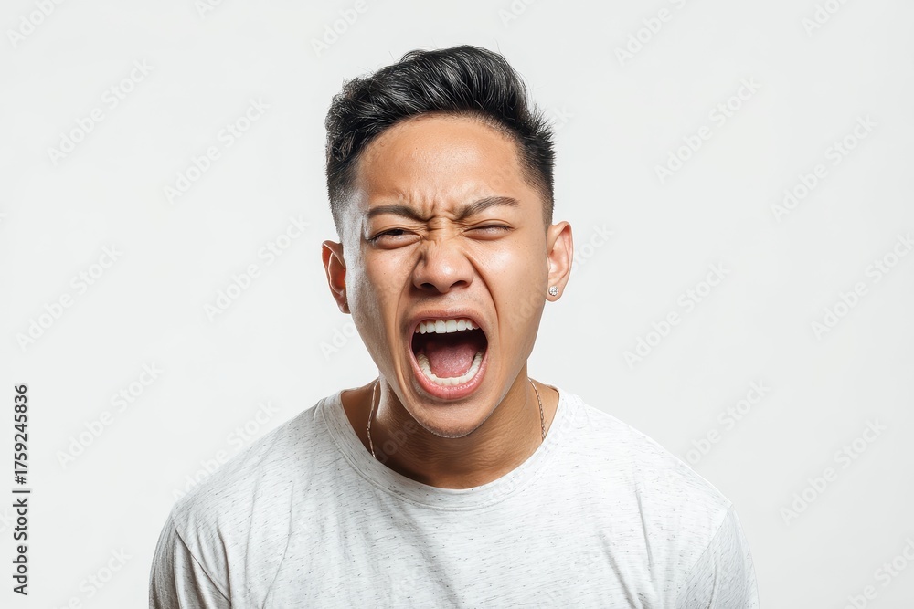 Fototapeta premium Portrait of a young Asian man showing feelings against a white backdrop