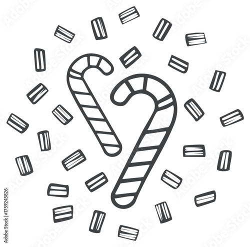 Hand drawn candy canes in a heart shape with festive confetti, a Christmas doodle illustration