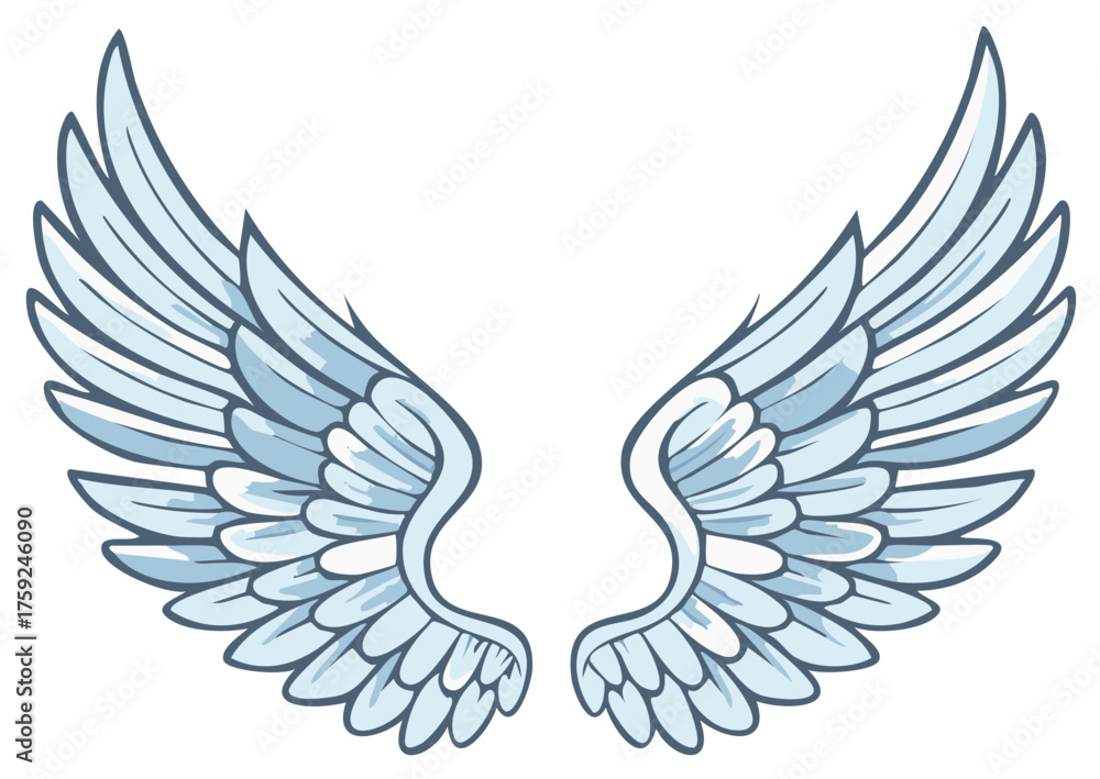 Obraz premium Cartoon illustration of a pair of symmetrical blue and white angel wings
