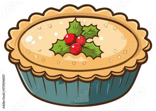 Festive Holly Berry Dessert Tart with Custard Creamy Filling Holiday Vector Illustration