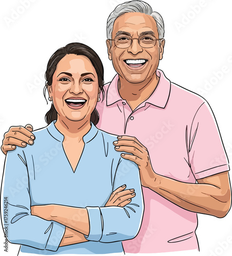 Loving senior Indian couple smiling vector illustration