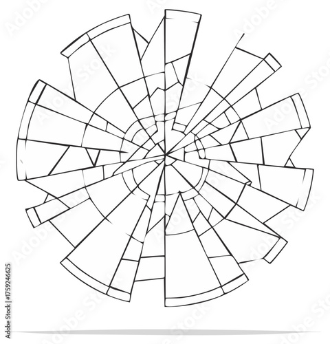 Shattered glass with radial cracks from a central impact point vector illustration