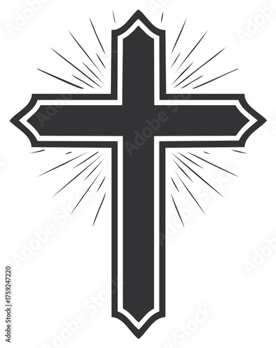 Graphic Christian Cross with Rays of Light. Religious Symbol for Faith, Spirituality, Hope, and Worship.