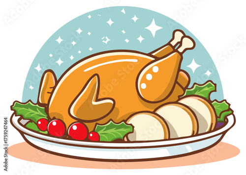 Festive roasted turkey dinner on a platter with cranberries and greens holiday meal illustration