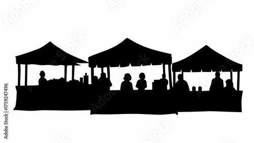 Vibrant farmers market scene with silhouettes of vendors and stalls, a lively community gathering