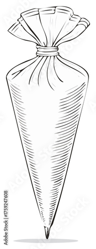 A vintage style black and white line art illustration of a pastry piping bag tool