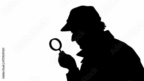 Intriguing silhouette of a detective carefully examining evidence with magnifying glass, mystery and investigation