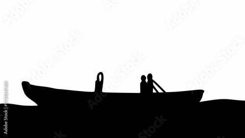 Silhouette of people rowing boat on water, creating a serene and peaceful nautical scene