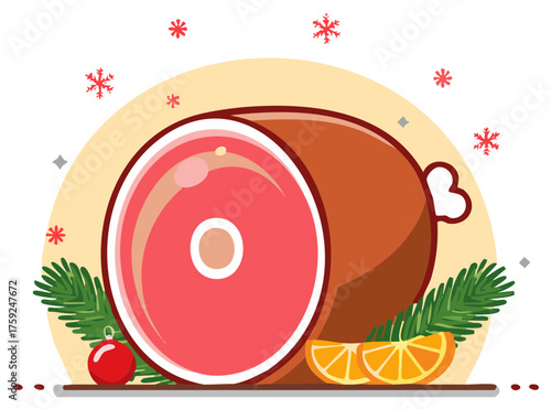 Christmas ham holiday dinner illustration with festive decorations pine branches and orange slices