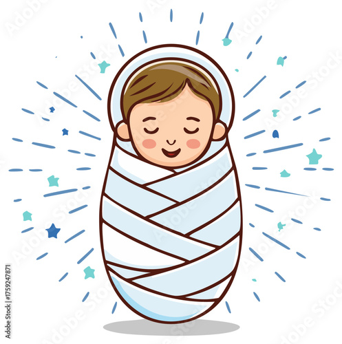 Cute swaddled newborn baby cartoon illustration with peaceful glowing stars