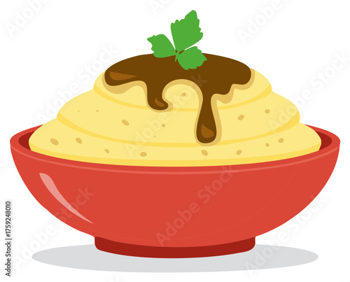 Cartoon Mashed Potatoes with Brown Gravy and Garnish in a Red Bowl