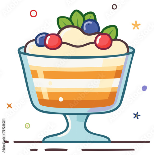 Delicious trifle dessert in a glass bowl with layered cream, fruits and orange jelly, garnished with berries and leaves