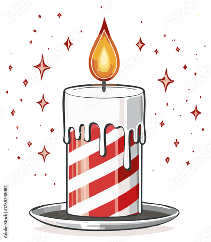 Stripped Holiday Candle with Melting Wax on a Silver Holder Surrounded by Stars