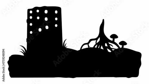 Enchanting tree stump silhouette with mushrooms and roots, perfect for nature designs and fairytale projects