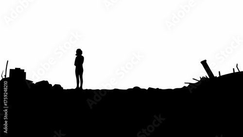 Silhouette of a lone person standing amidst rubble, conveying resilience and strength, hope rising from despair