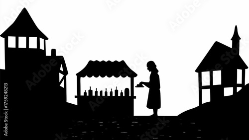 Medieval market scene silhouette with merchant, bottles, and buildings evokes historical charm and simplistic elegance
