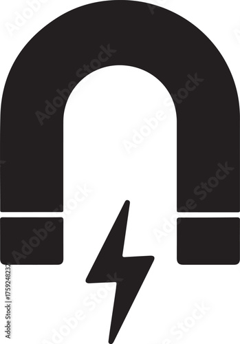 Black horseshoe magnet with lightning bolt isolated on white background is attracting