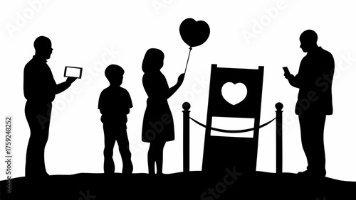 Family visiting a love exhibit, silhouettes of visitors enjoying art with heart balloon, a romantic scene
