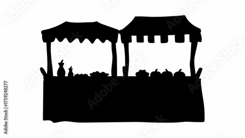 Whimsical silhouette of a charming farmers market stall brimming with fresh produce and rustic charm