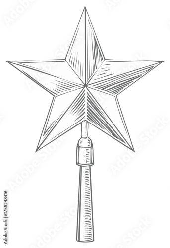 Hand drawn sketch of a vintage five pointed star topper in an engraving style