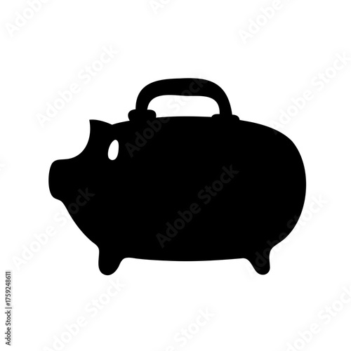 Black silhouette of a piggy bank, with a handle for easy transportation