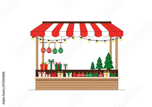 A Christmas market stall displaying gifts ornaments and small Christmas trees under a striped awning with string lights