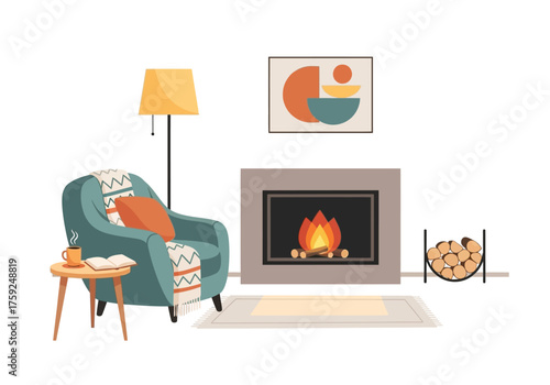 A cozy cartoon room with a fireplace chair lamp table coffee book art rug and logs