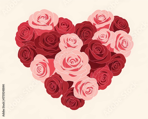 Heart shape intricately composed of red and various shades of pink roses, creating a dense, classic floral representation of deep love and romance.