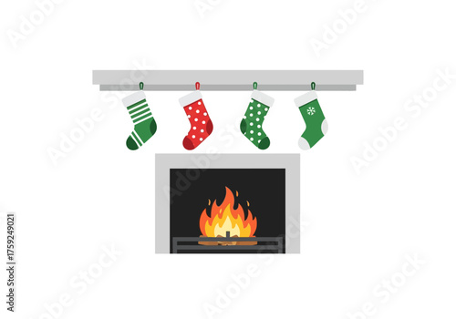 A fireplace with flames below a mantel holding Christmas stockings