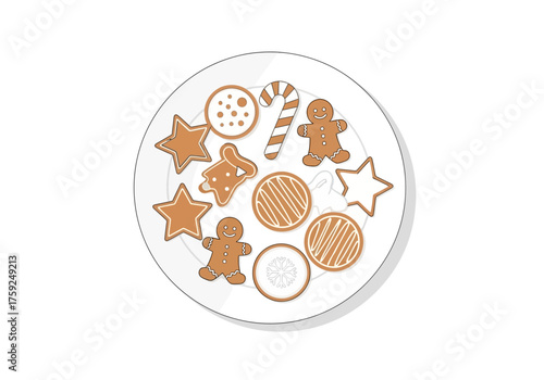 A plate holds assorted gingerbread cookies including star man and cane shapes with decorative icing