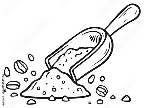 Sketch of coffee beans and scoop with ground coffee in black and white