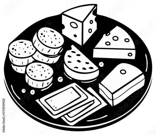 Black and White Charcuterie Board with Various Cheeses and Meats Appetizer Food